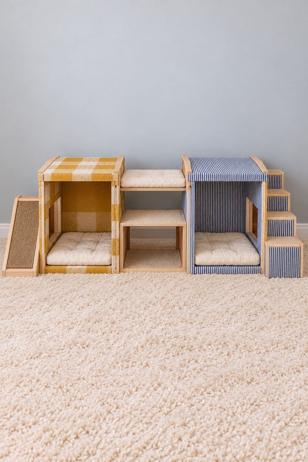 Mustard gingham and blue striped cat dens with a central platform, left scratching ramp, and right steps