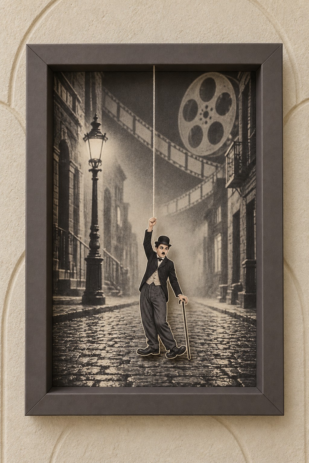 Sepia 3D paper frame with a suspended bowler hat comedian, cane, old street and film reel artwork