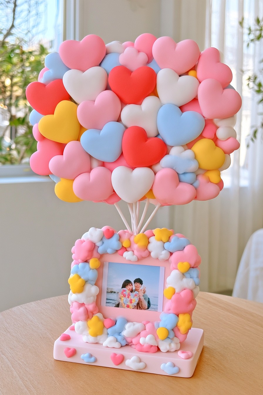 Pastel heart balloon cluster on thin supports above a flower edged photo frame and square base