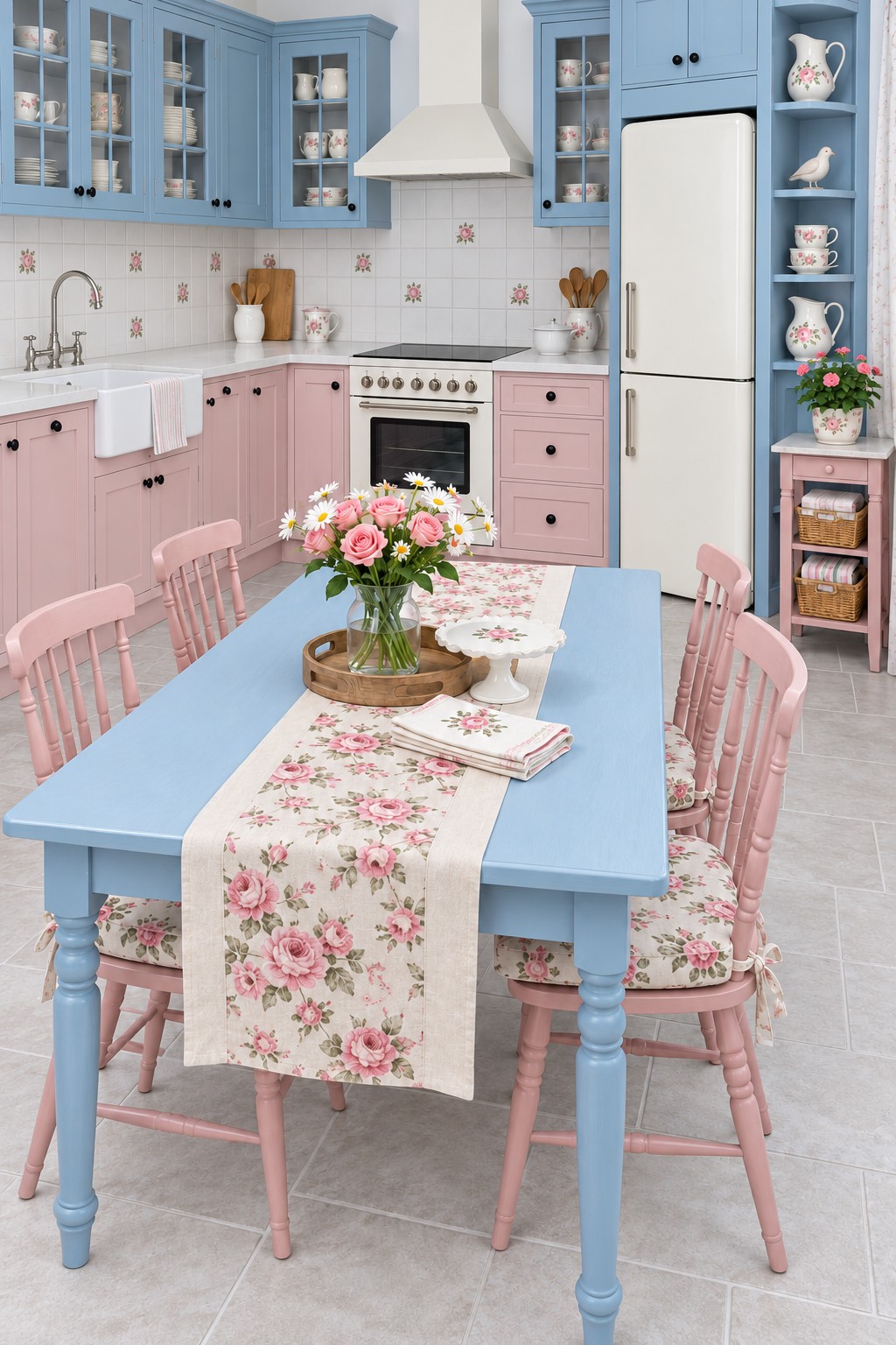 Blue kitchen table with pink spindle chairs, a floral runner, rose patterned cushions, and pastel blue and pink cabinets