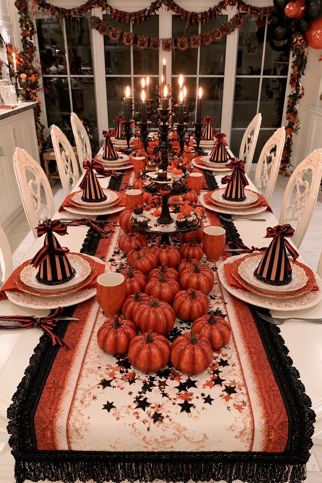 Orange pumpkins lining a pale dining table with striped cone hats and tiered dessert stands
