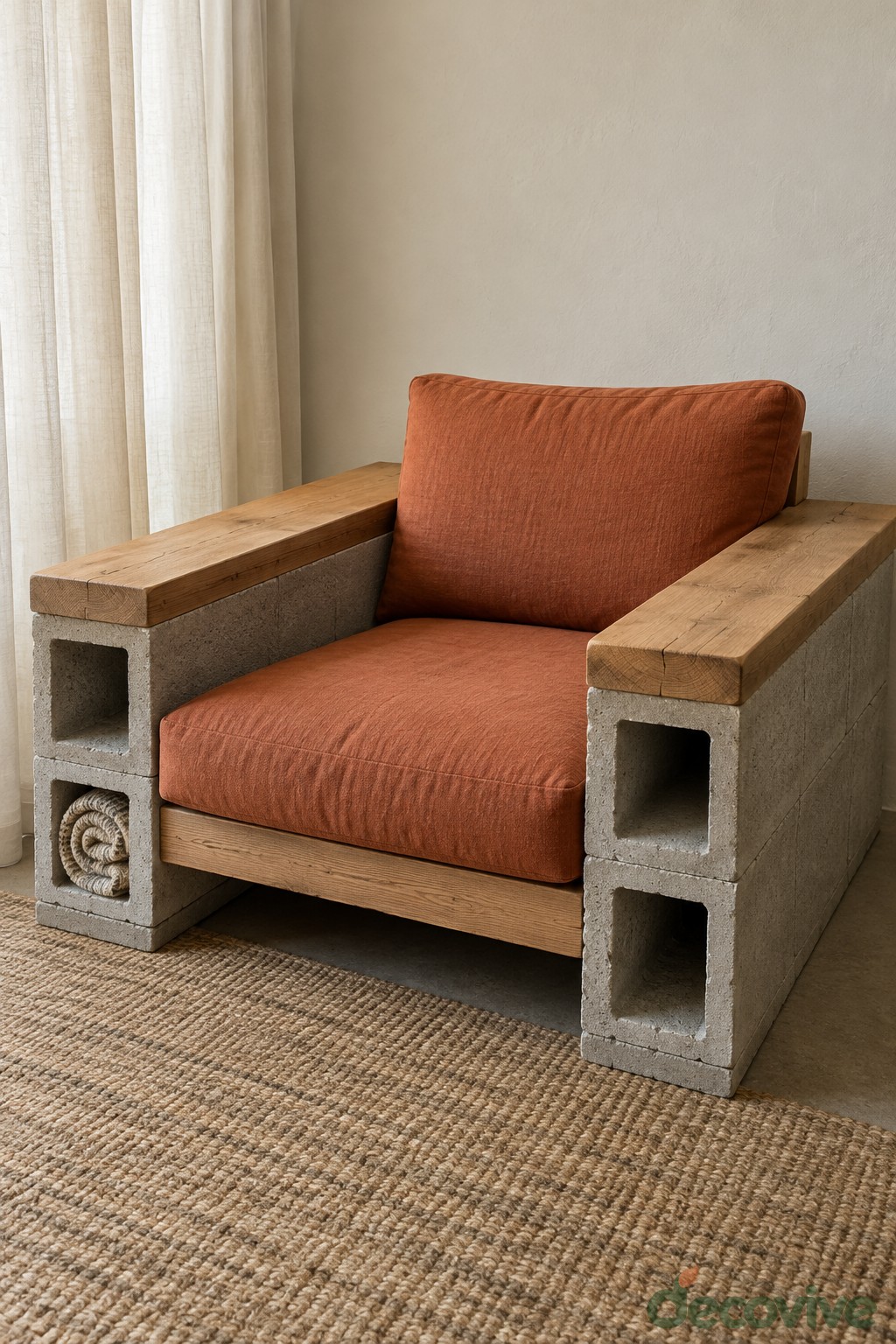Concrete block armchair with wooden arm caps and terracotta cushions