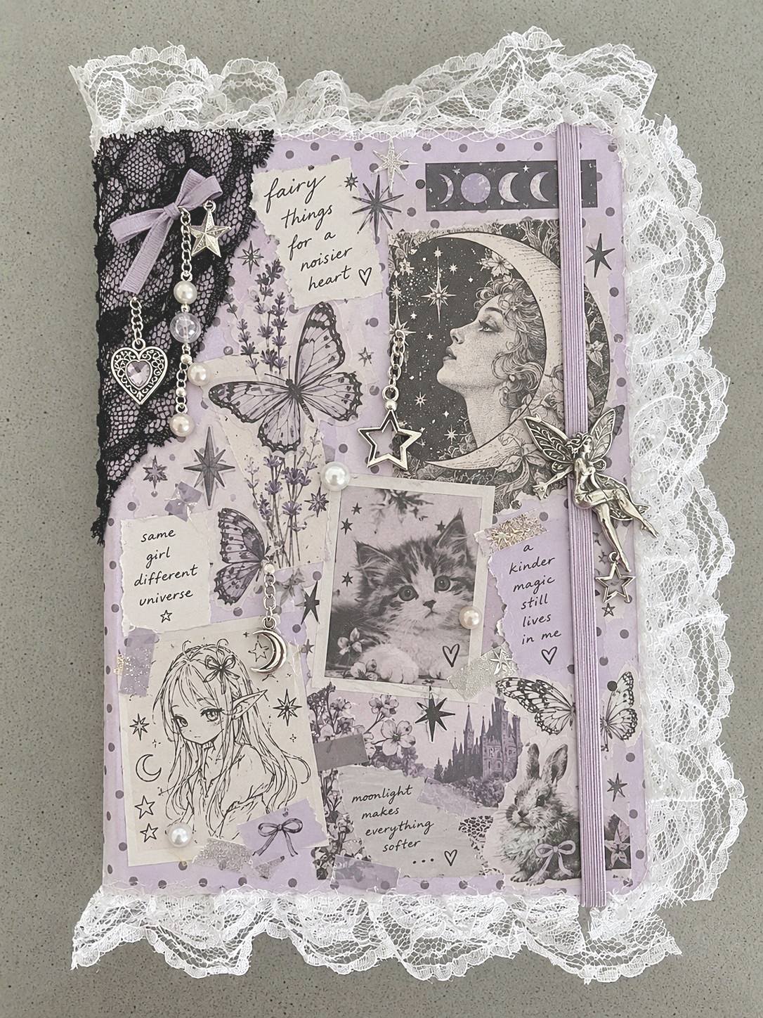 Lavender fairycore collage cover with illustration cards, butterflies, moon motifs, and an ivory lace border