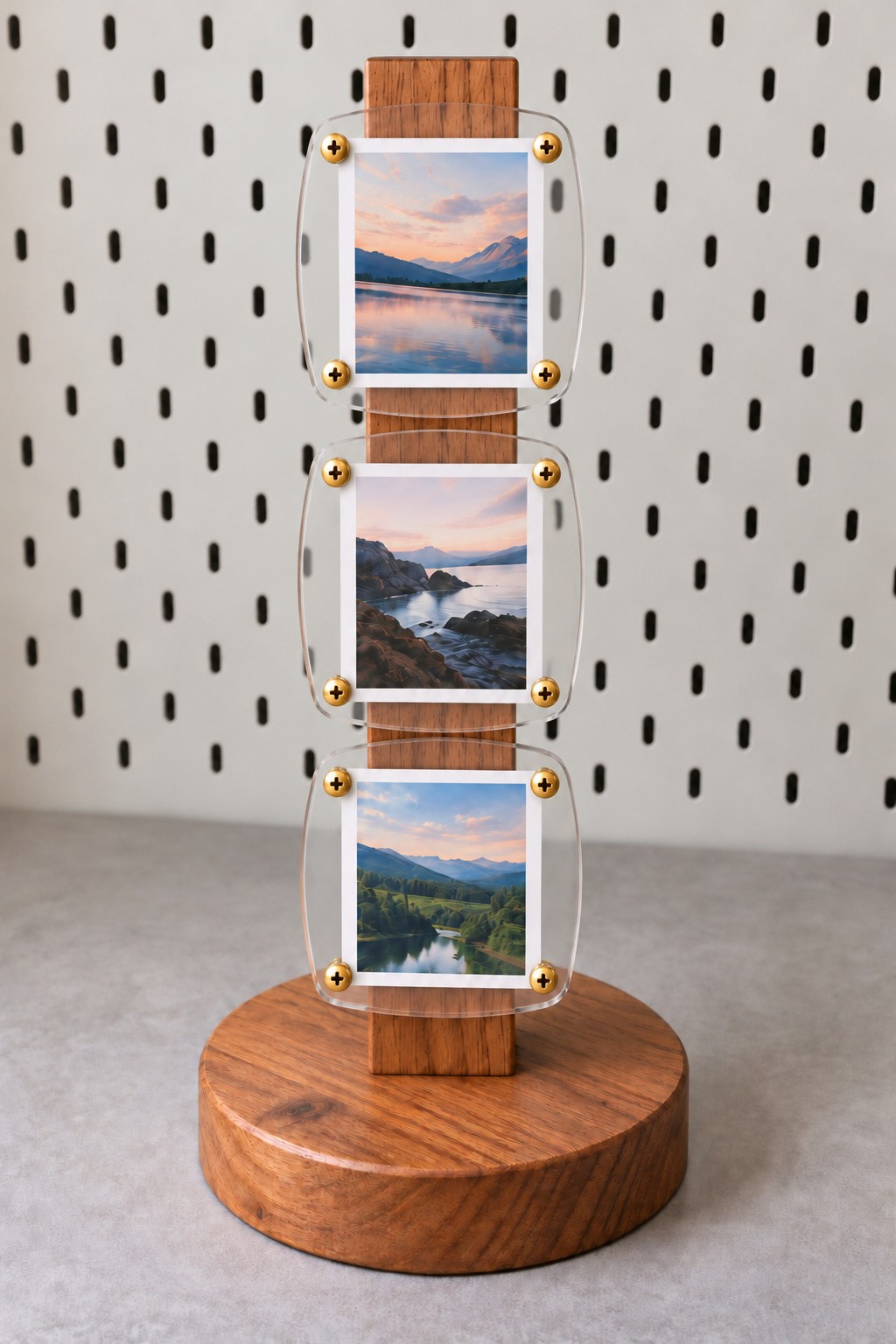 Walnut photo tree with three clear acrylic frames bonded in a vertical column to the front of a wooden post