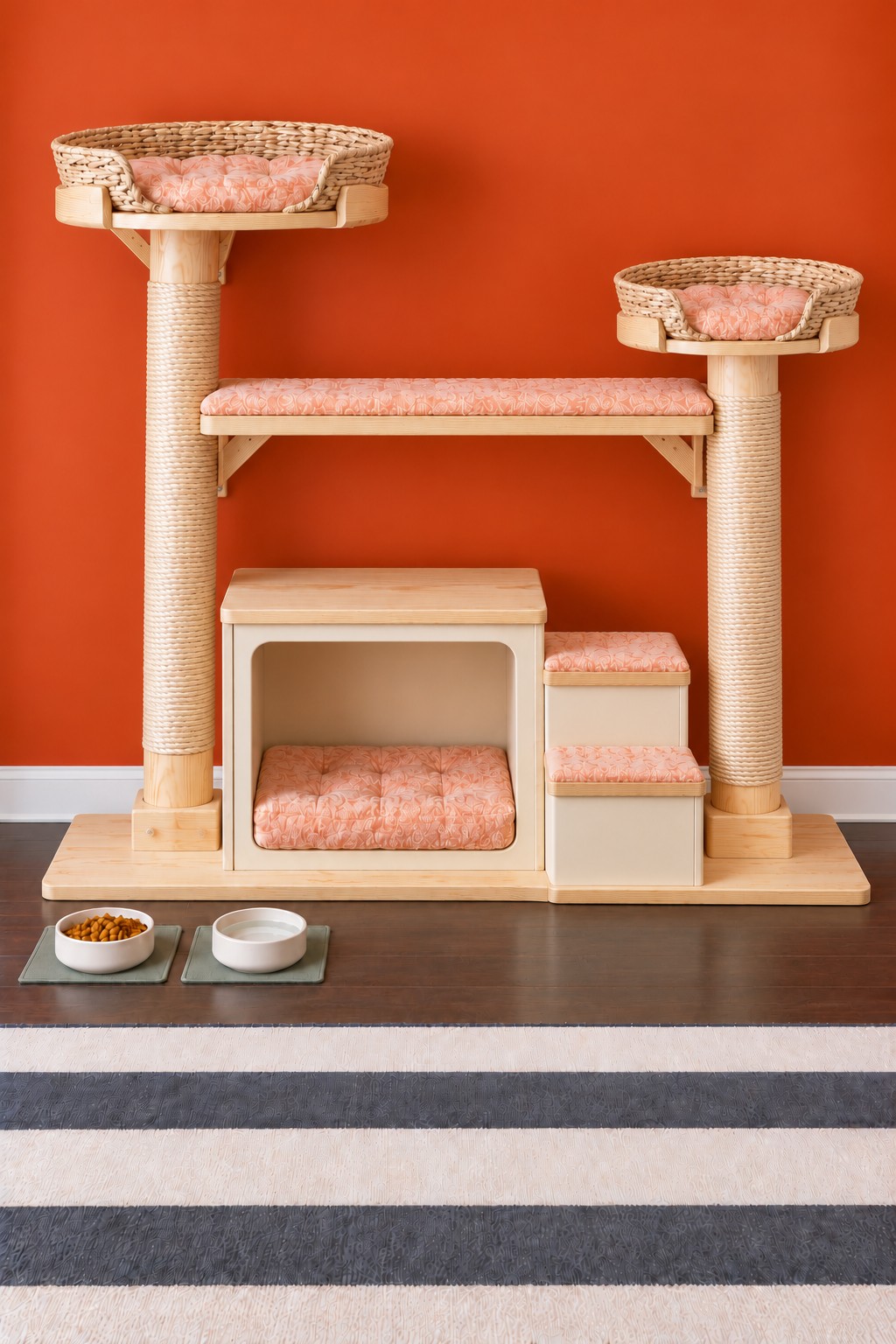 Two basket cat beds on sisal posts above a braced pink lounge, lower cubby, and short steps