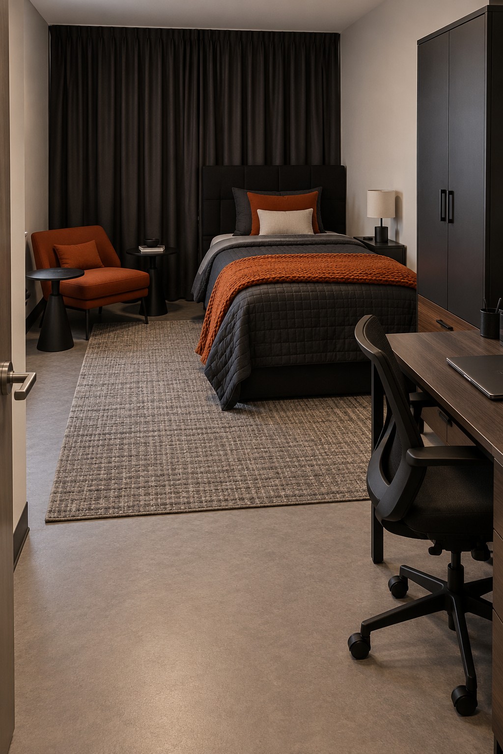 A single bed in charcoal bedding with a burnt orange throw, a rust chair, and a dark desk and wardrobe