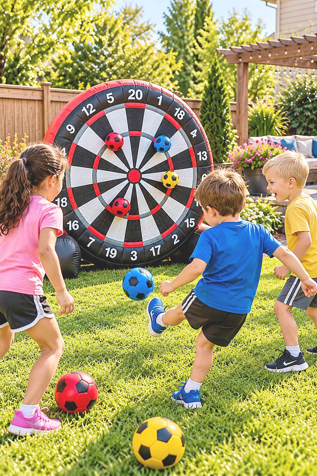 Children kicking colored balls toward a circular soccer scoring target