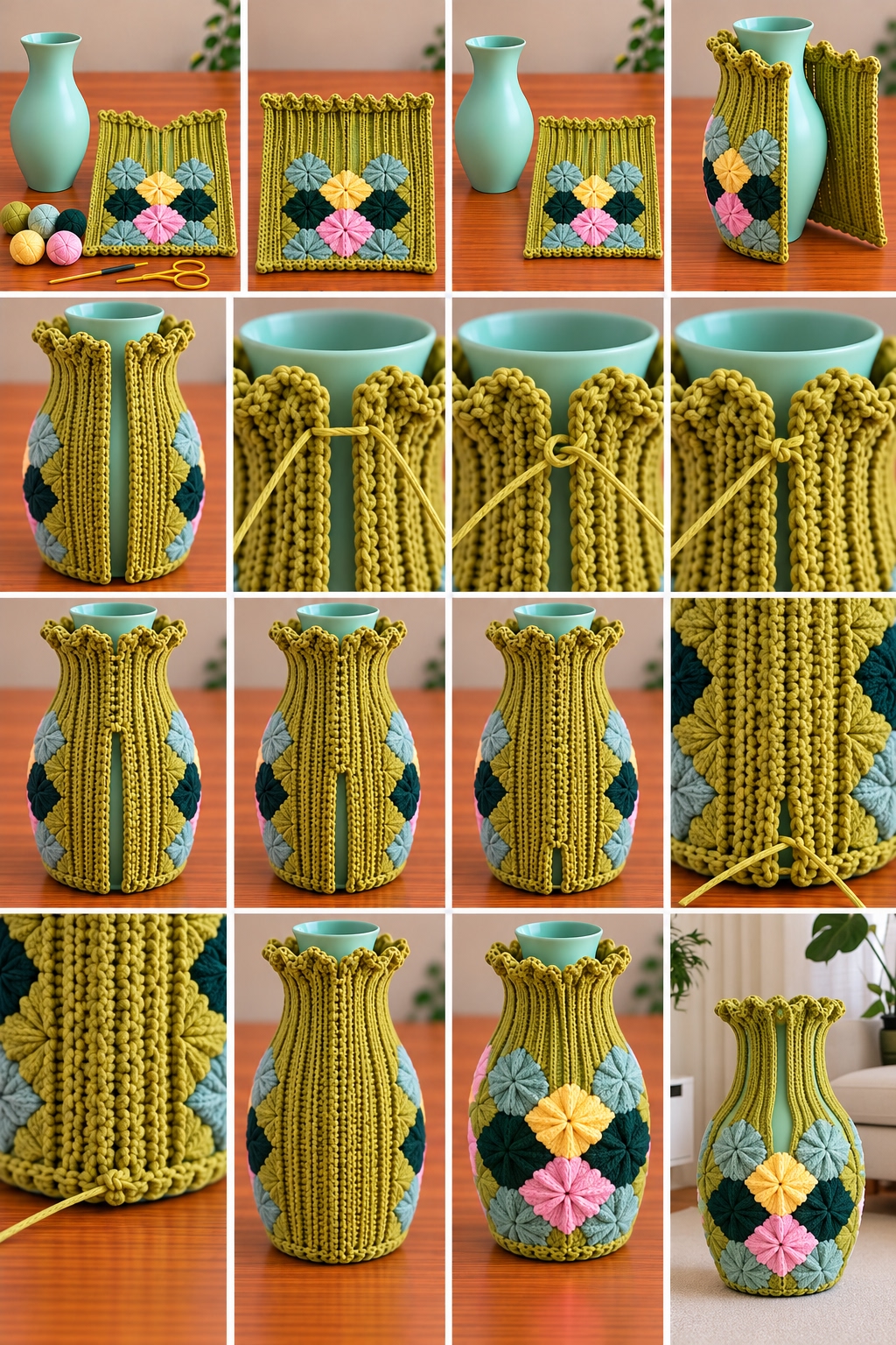Sequence showing an open botanical crochet vase cover wrapped around a vase and tied along its vertical meeting edges