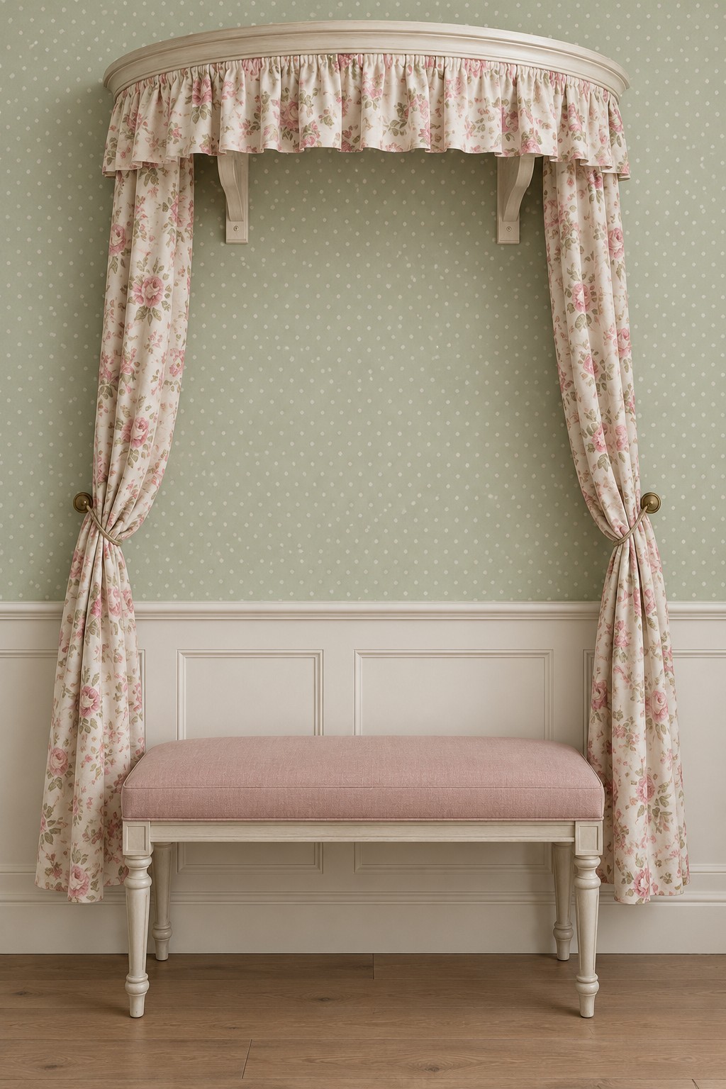 Floral fabric wall canopy with a cream curved crown framing a pink bench against sage dotted wallpaper