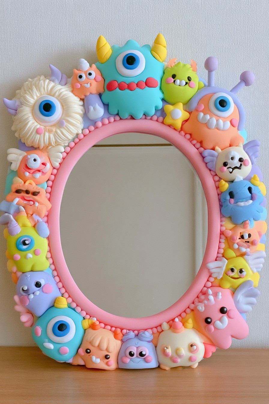 Pink round mirror surrounded by colorful sculpted monsters with different eyes, horns, and expressions