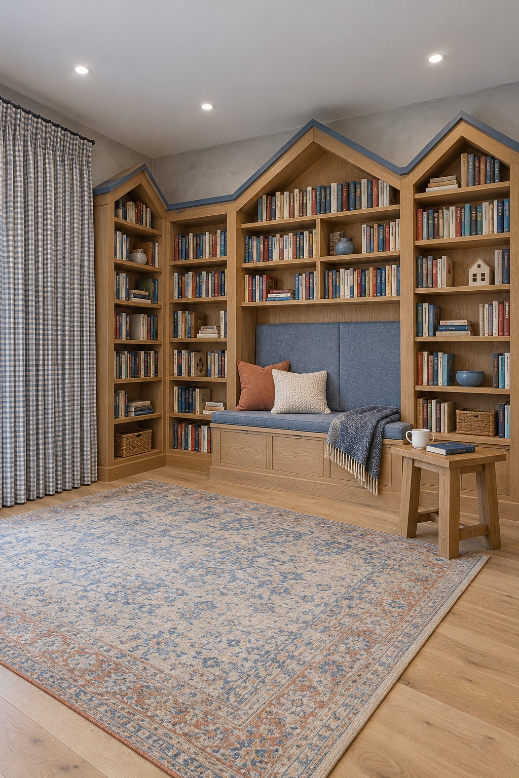 Natural wood corner shelving with pitched roof outlines, blue gray trim and a cushioned bench above storage drawers