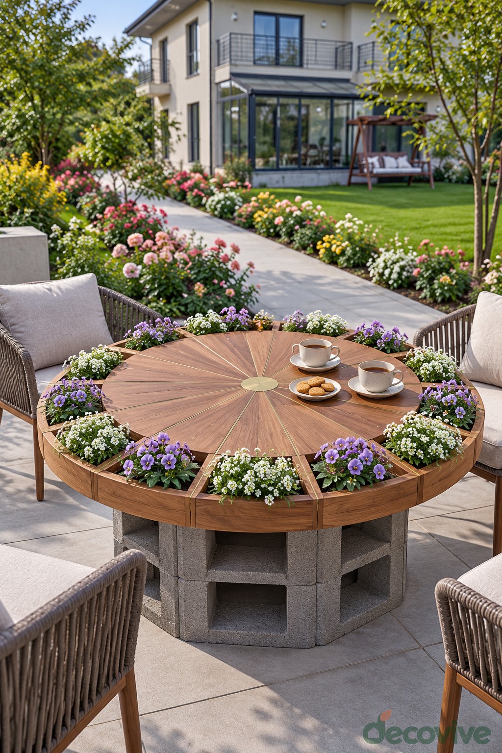 Circular wooden patio table with a ring of small flowers above concrete supports