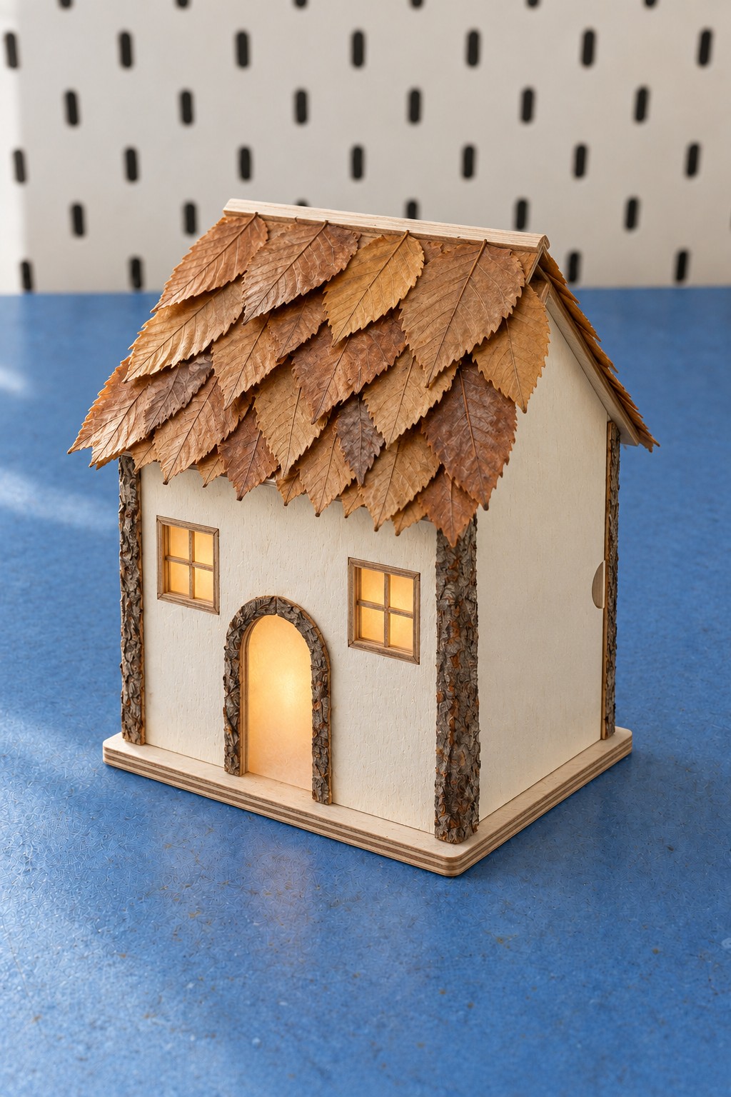 Small pale wooden house with brown leaf roof shingles and softly glowing windows