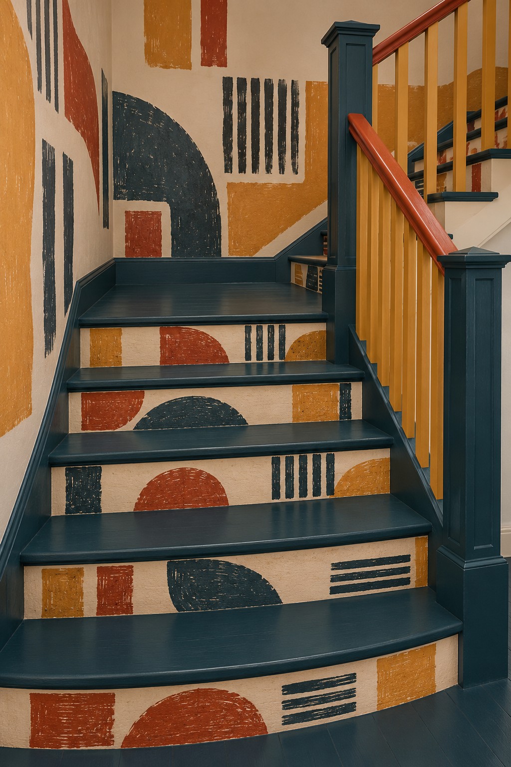 Dark teal stairs with ochre spindles and cream risers patterned with rust and teal geometric marks