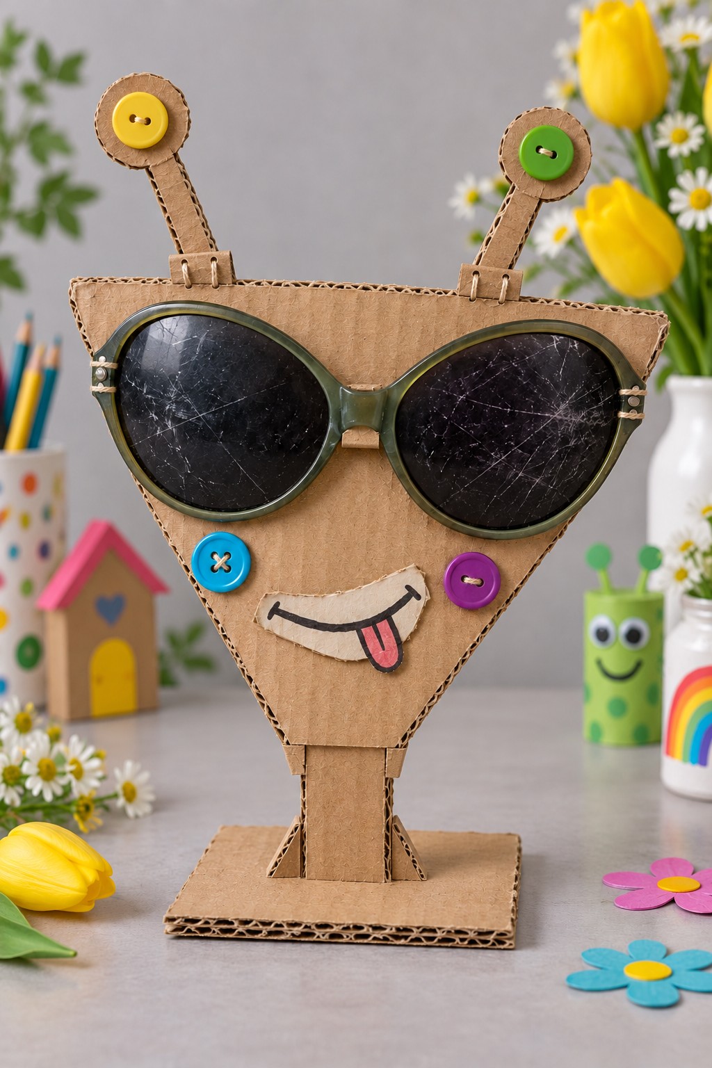 Standing triangular cardboard character wearing reused sunglasses with button cheeks and tall cardboard antennae