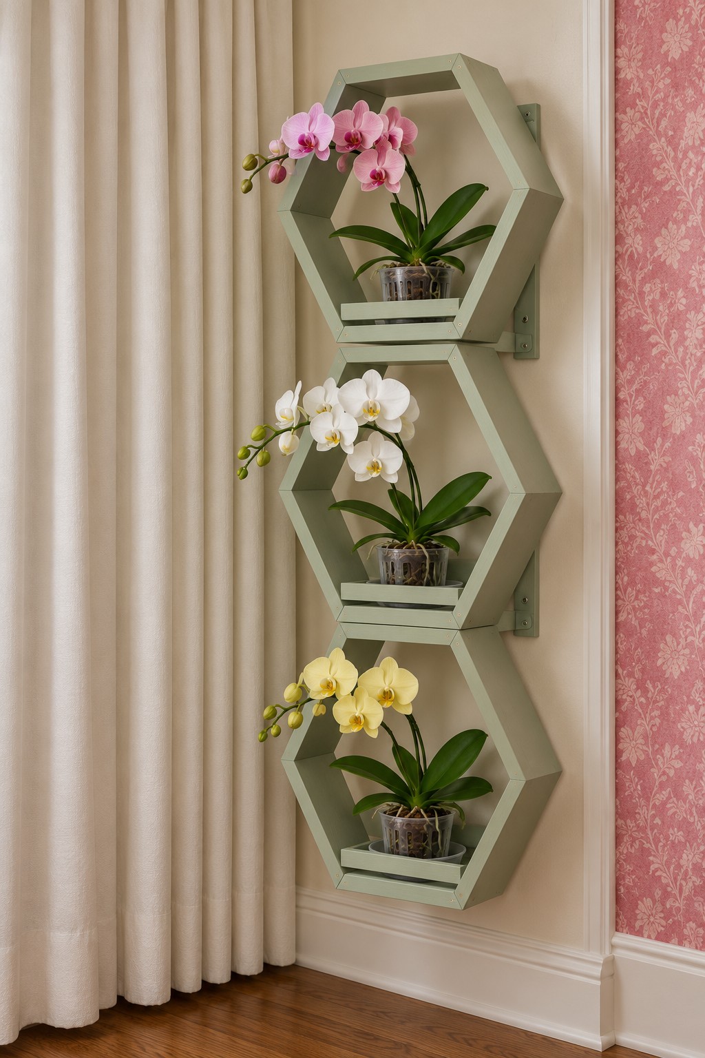 Three sage green hexagonal wall shelves holding pink white and yellow orchids