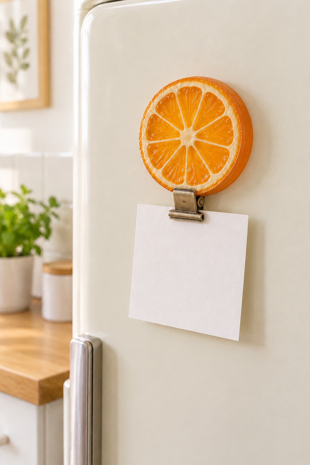 A round orange slice resin decoration mounted above a brass colored note clip on a refrigerator.