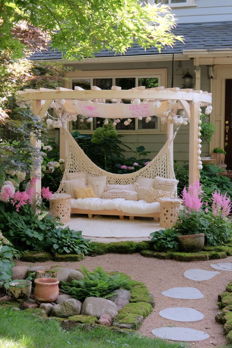 Timber garden frame with a pale woven hammock and dense surrounding planting