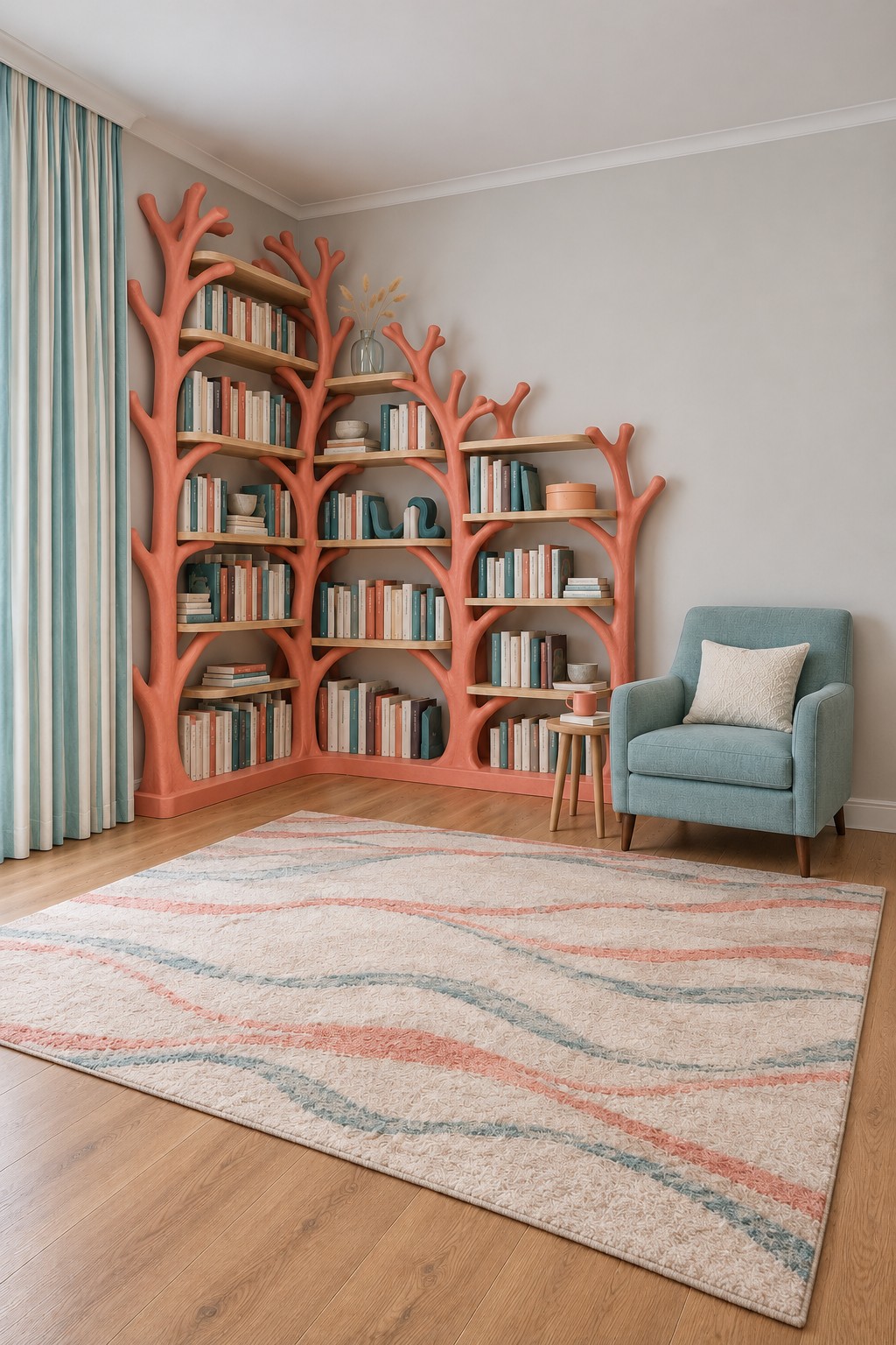 Coral tree shaped corner bookcase with branching uprights, a sea green armchair and a softly striped rug