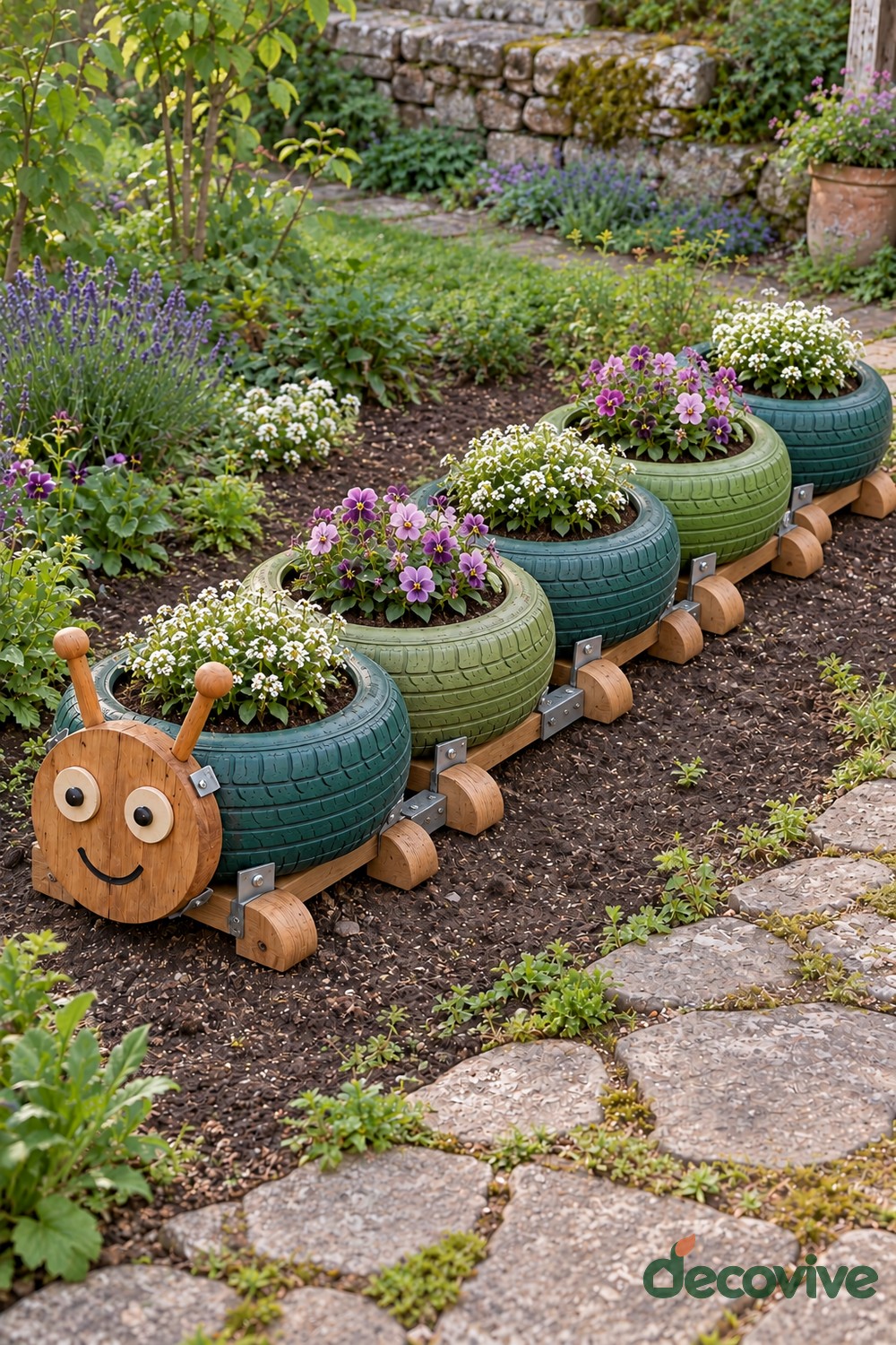 Five alternating teal and green tire planters arranged as a caterpillar with a smiling wooden head, antennae, and short wooden feet