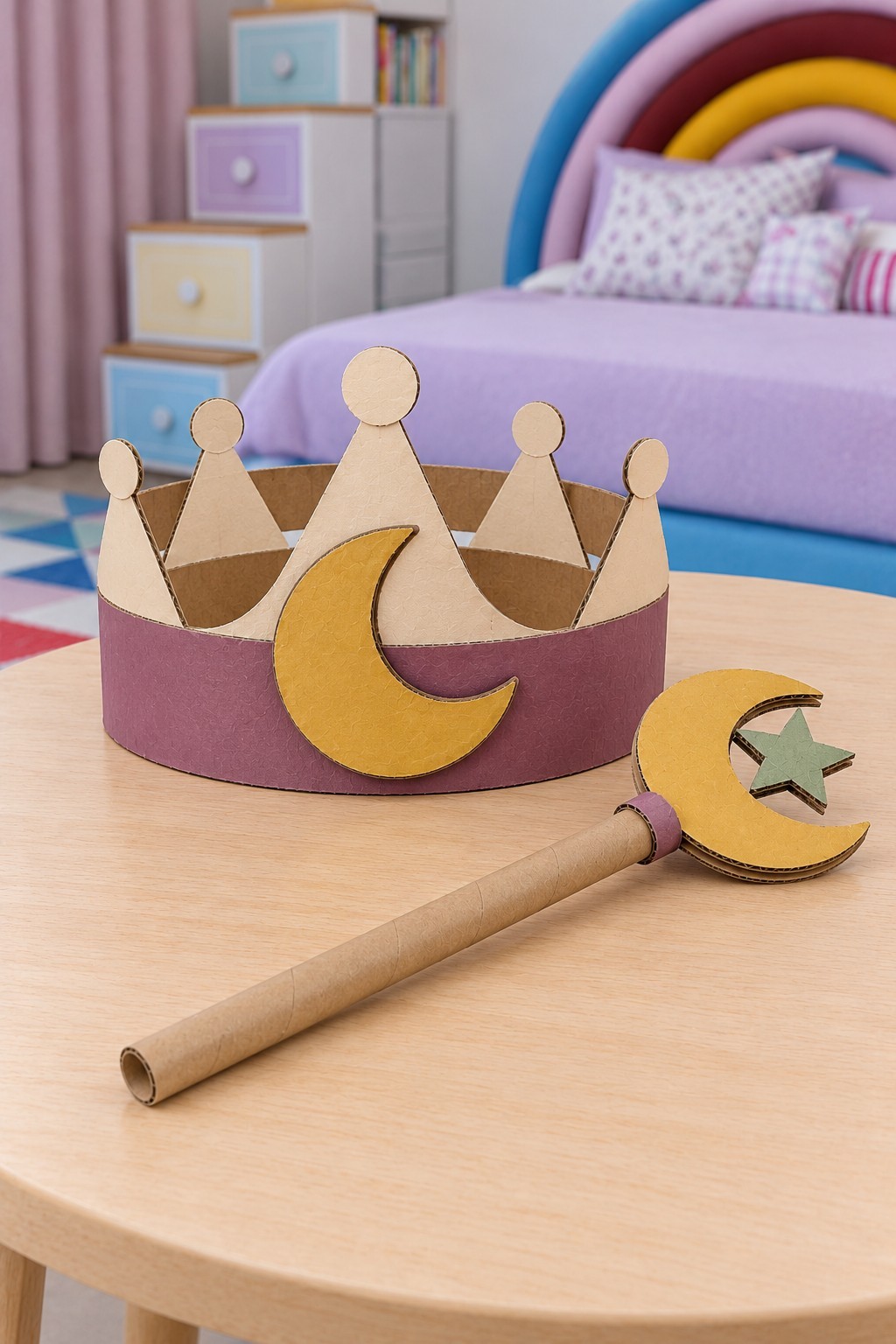 Purple cardboard crown with a gold crescent moon beside a paper tube wand with a moon and star tip