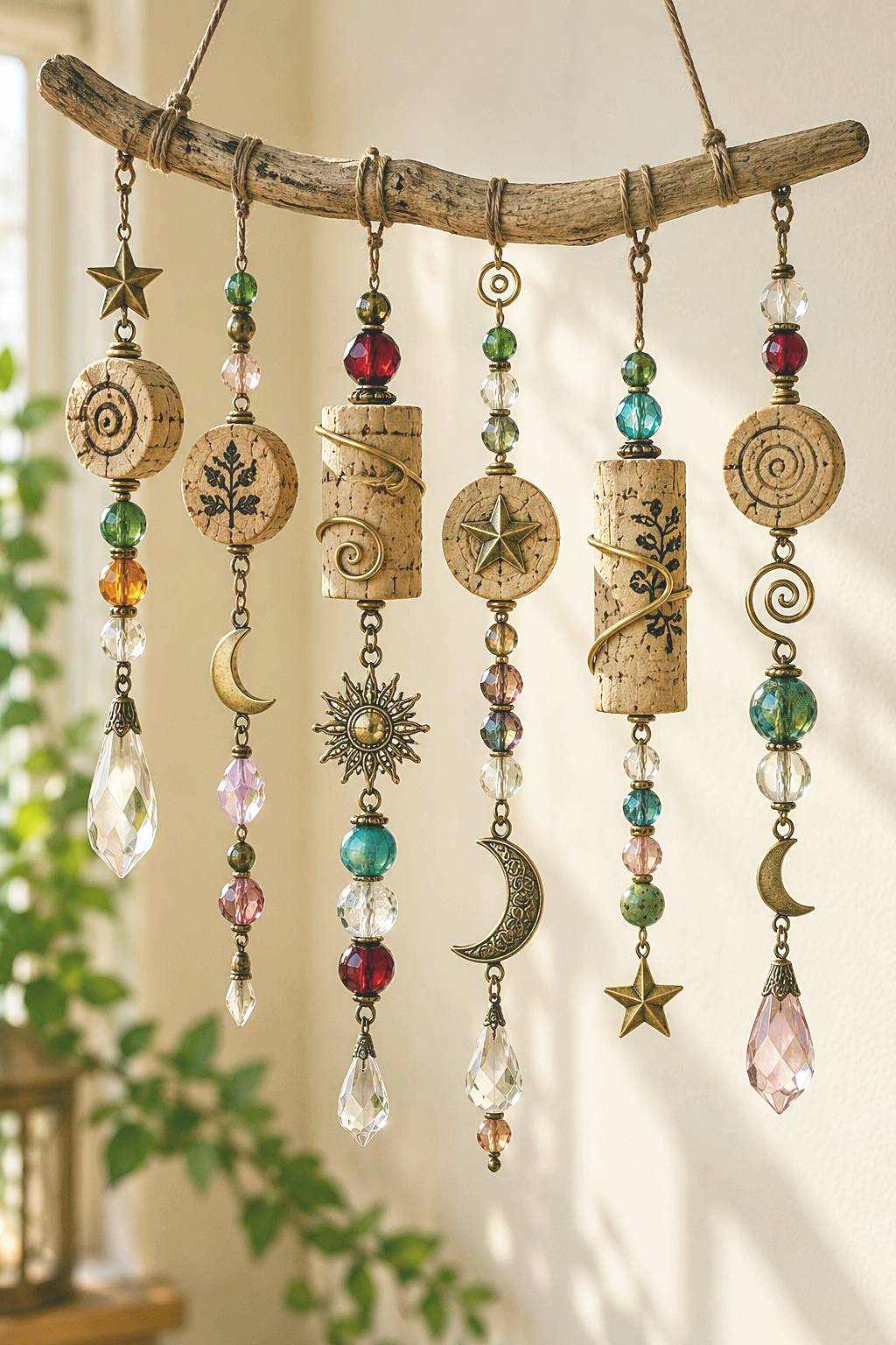 Branch mobile with hanging corks beads and small metal decorations