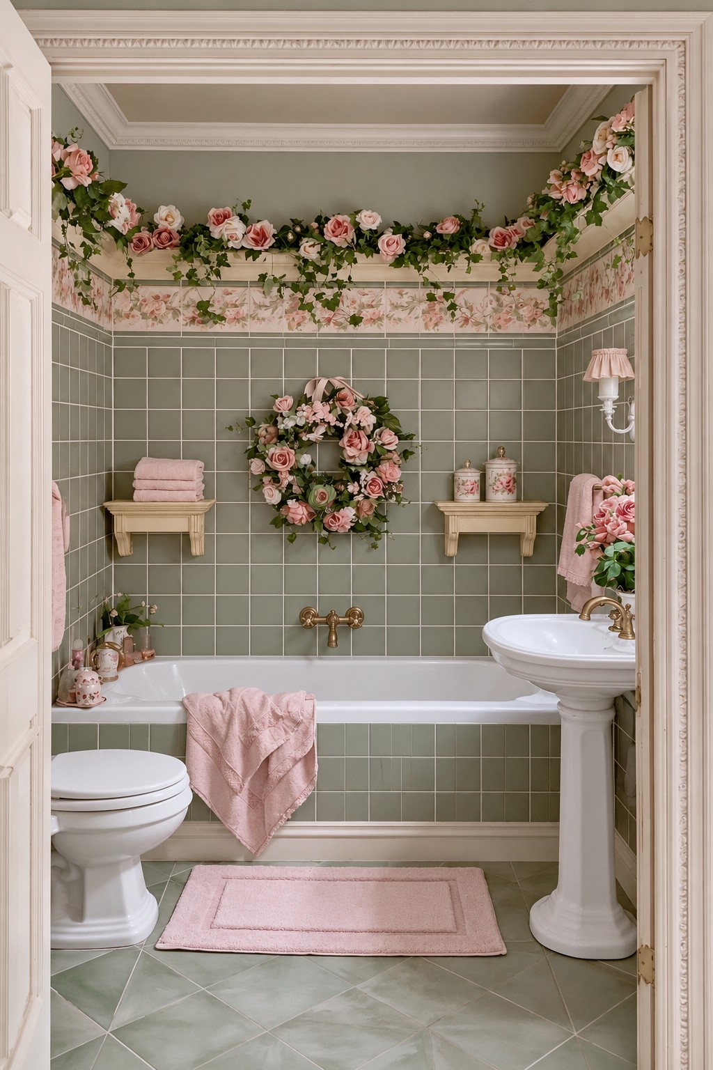 Sage tiled bathroom with pink towels, a floral wreath, and a cream pedestal basin
