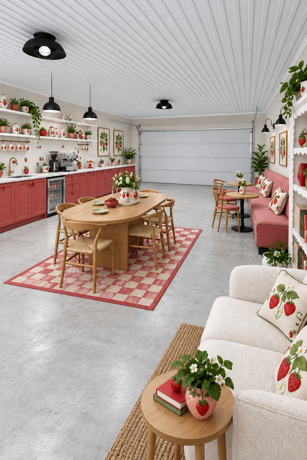 Garage coffee room with red cabinets, strawberry ceramics, a wooden dining table, and pink bench seating