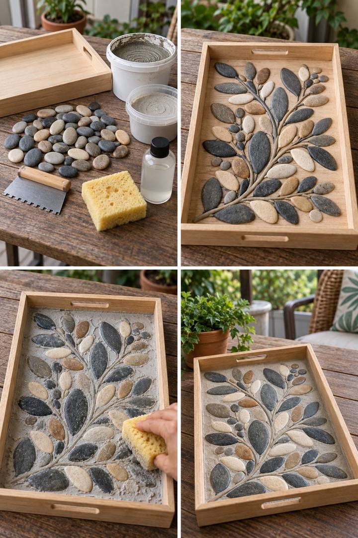 Wooden tray with a pebble leaf and branching stem layout, grouting, and finished mosaic