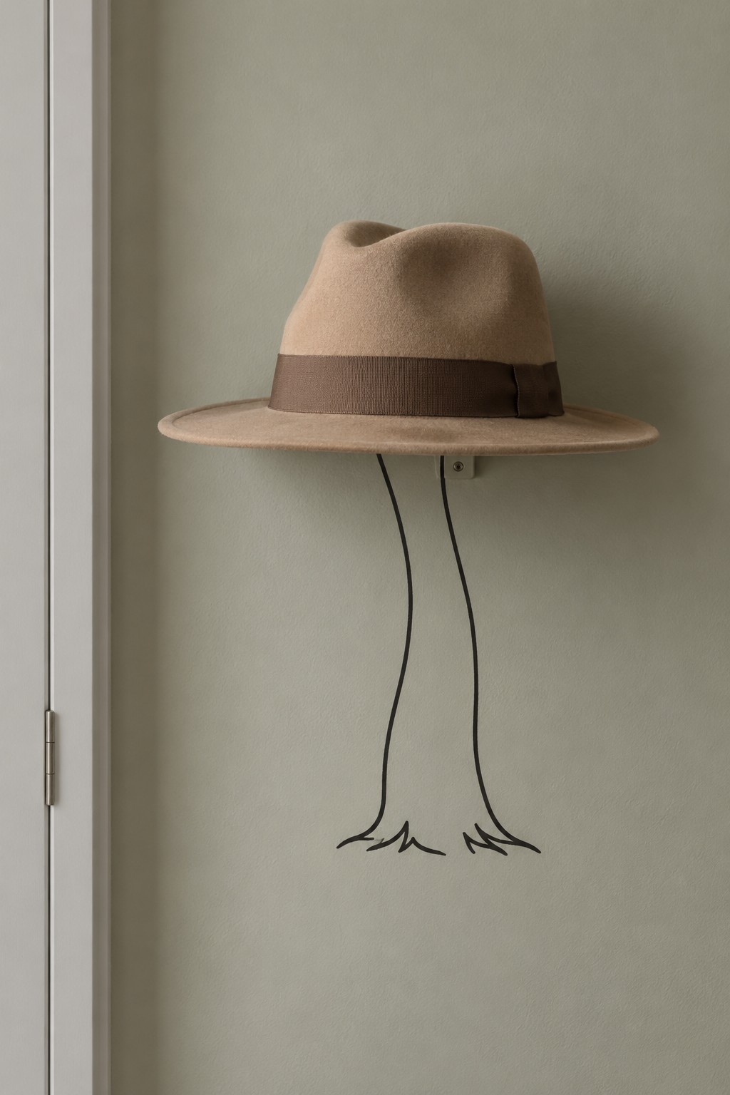 Tan fedora hanging above two long painted bird legs on a muted green wall