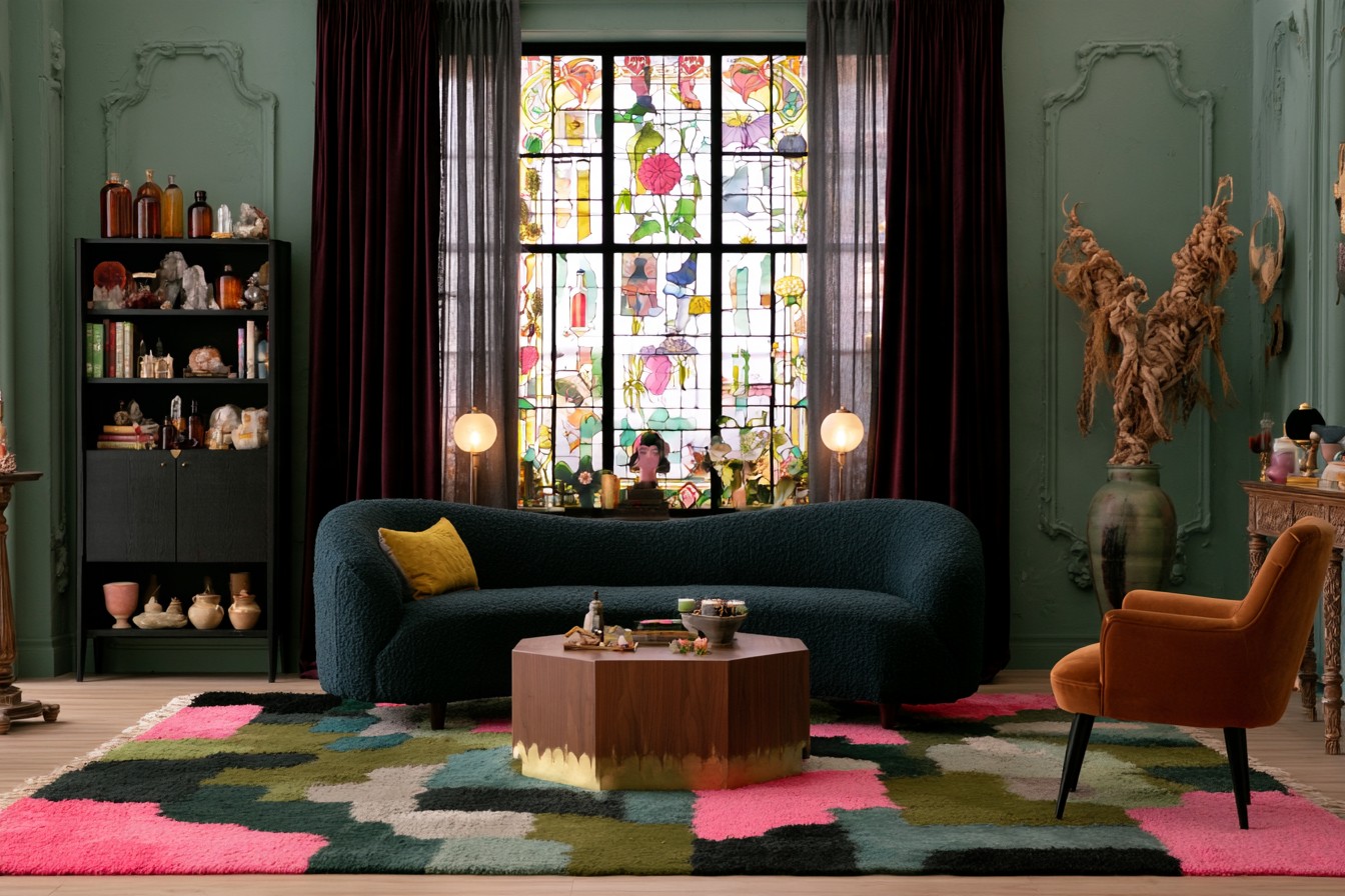 Curved deep teal sofa beneath tall botanical stained glass, with an amber chair, black cabinet, and faceted wood toned table