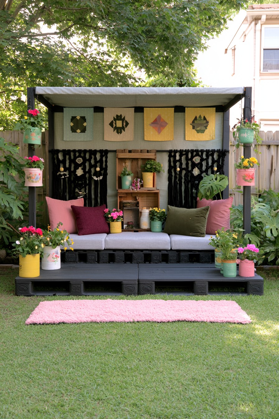 Raised black pallet-style lounge with geometric textile panels and colorful flower pots