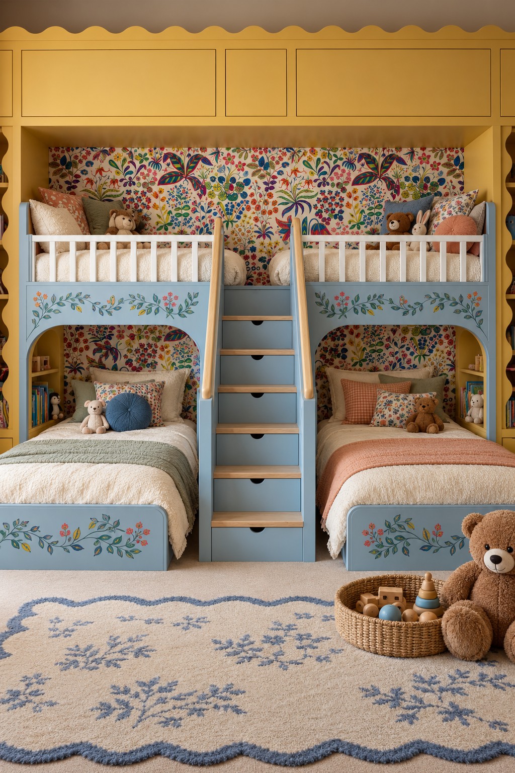 Four coordinated bed spaces with pale blue floral fronts, white upper rails, central storage stairs, and a scalloped floral rug