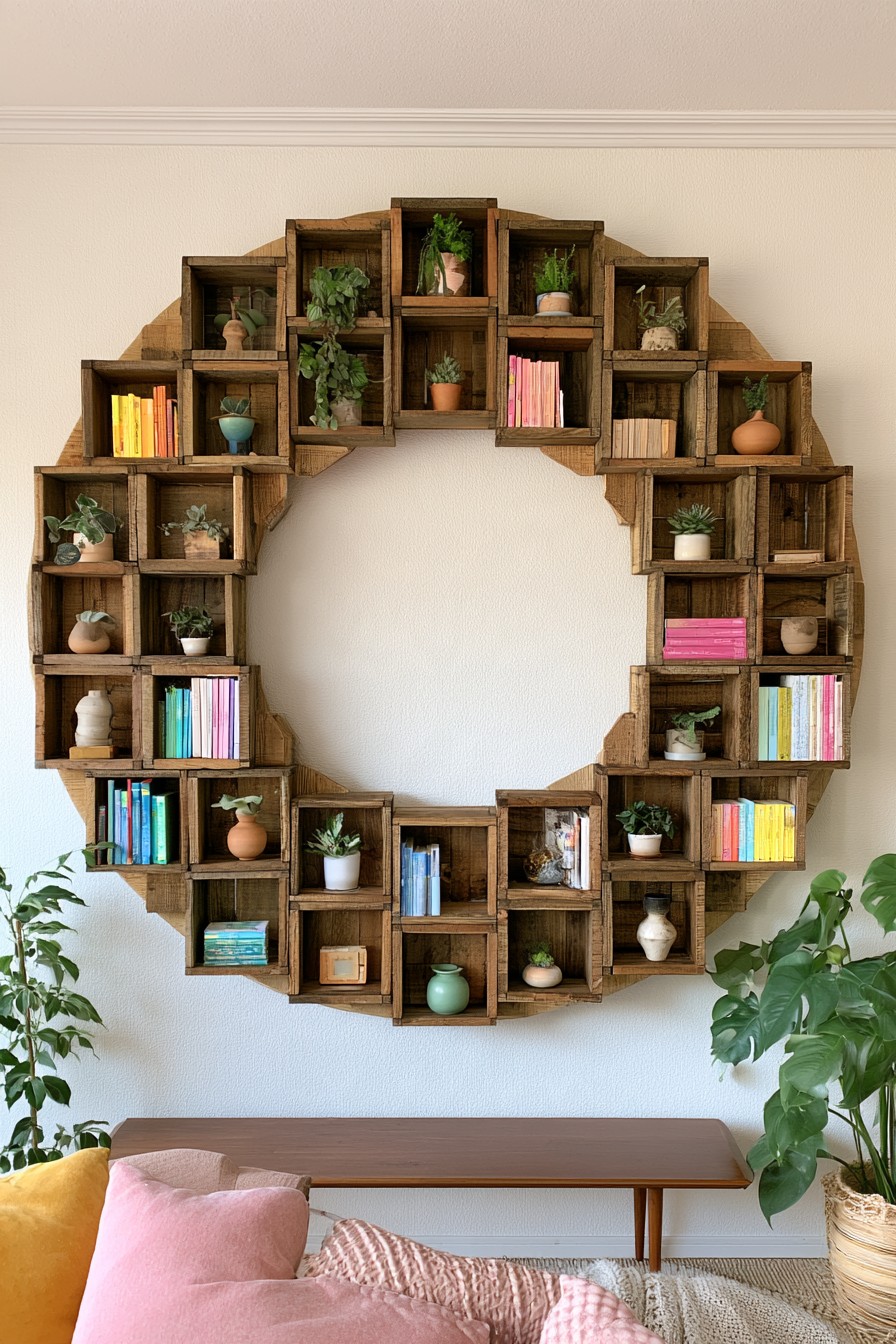 Circular wall arrangement of wooden crates with books and plants