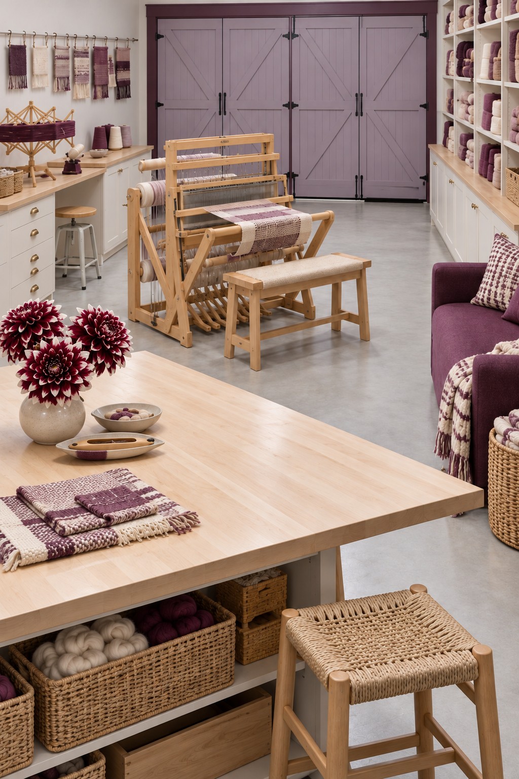 Garage weaving studio with a wooden floor loom, plum yarn shelves, central worktable, sample hangings, and purple seating