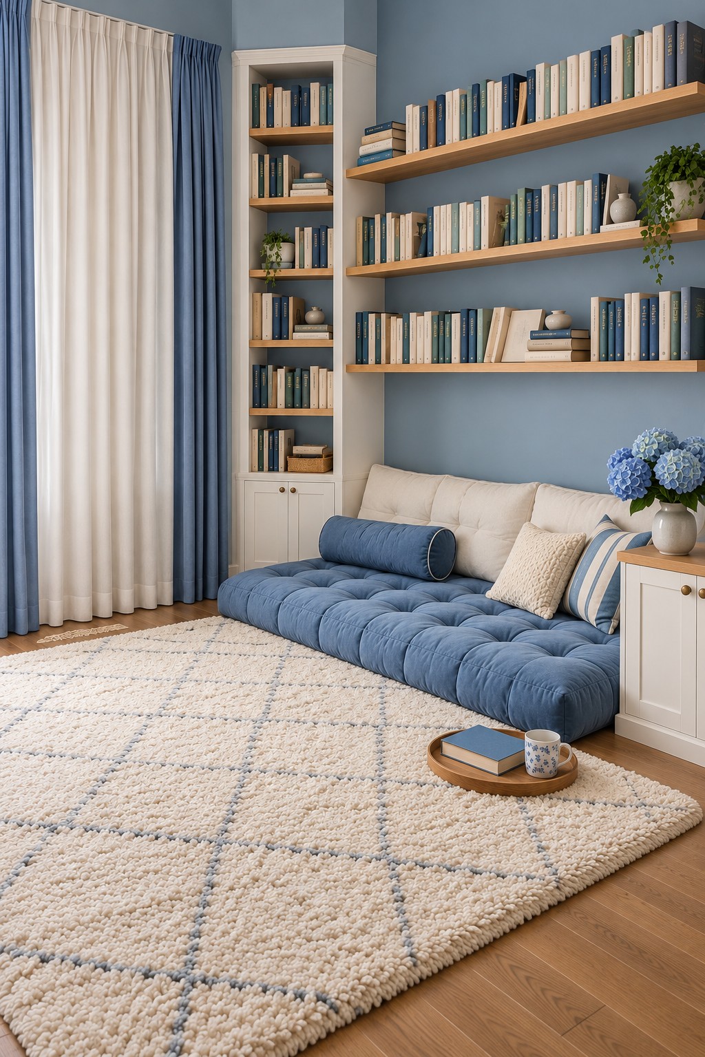Blue tufted floor seating below long wood bookshelves with a narrow white cabinet, cream curtains and a textured rug