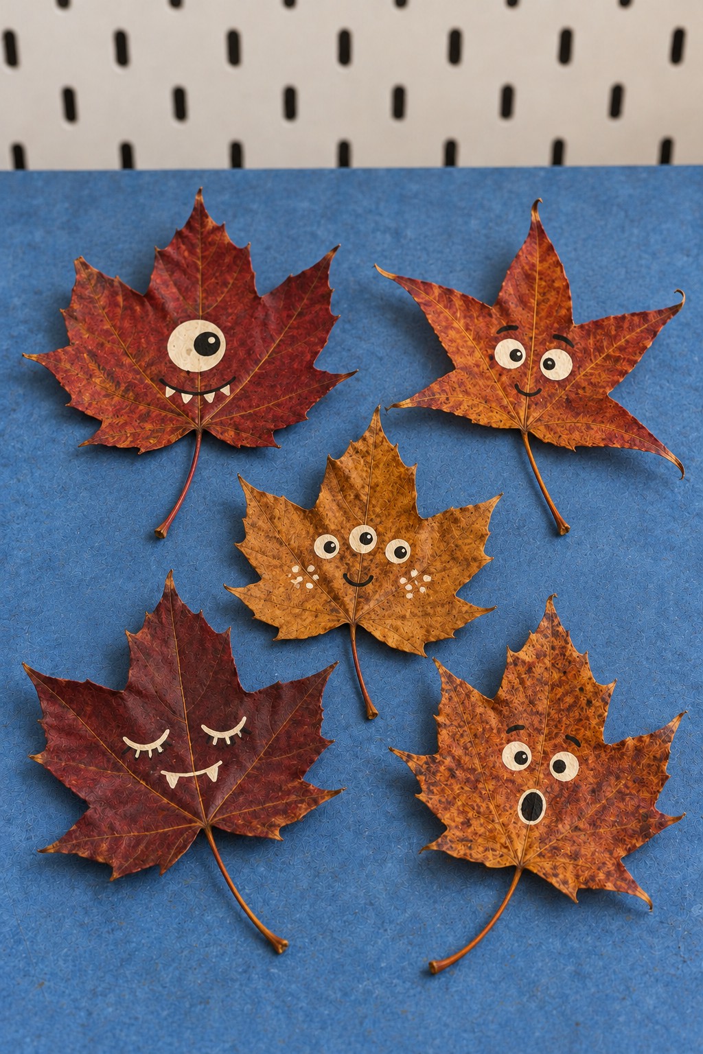 Five red and golden maple leaf characters with different playful paper eye arrangements