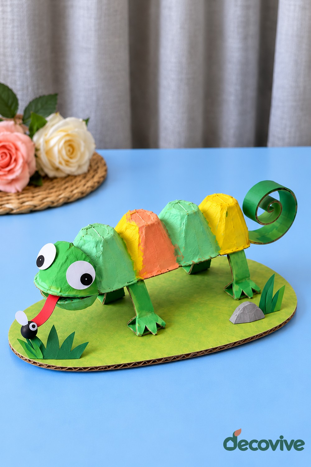 Egg Carton Chameleon with a Curled Tail