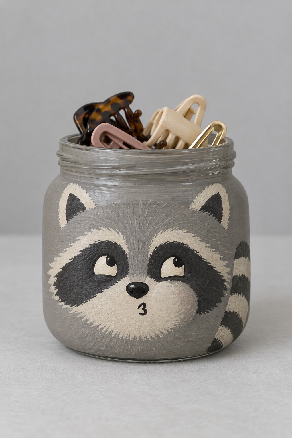 Gray jar with a cream and charcoal raccoon face short painted fur strokes and a striped side tail holding hair accessories