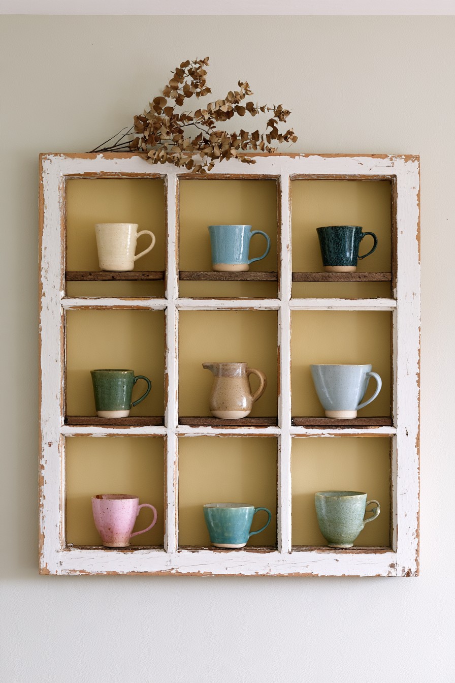 Old divided window fitted with ledges for a ceramic cup collection