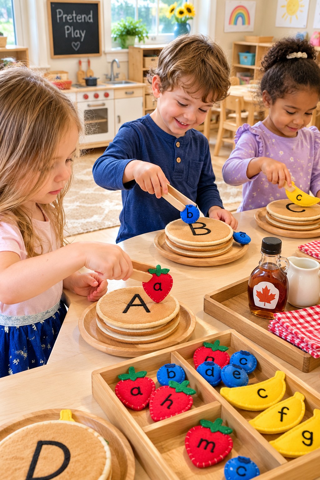 Pretend pancakes with uppercase letters and lowercase fruit toppings