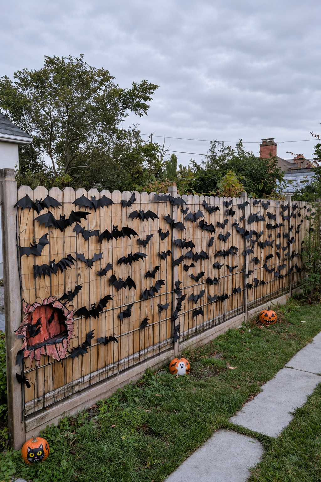 Black bat silhouettes spreading across a wooden fence from a red decorative opening with small pumpkins below