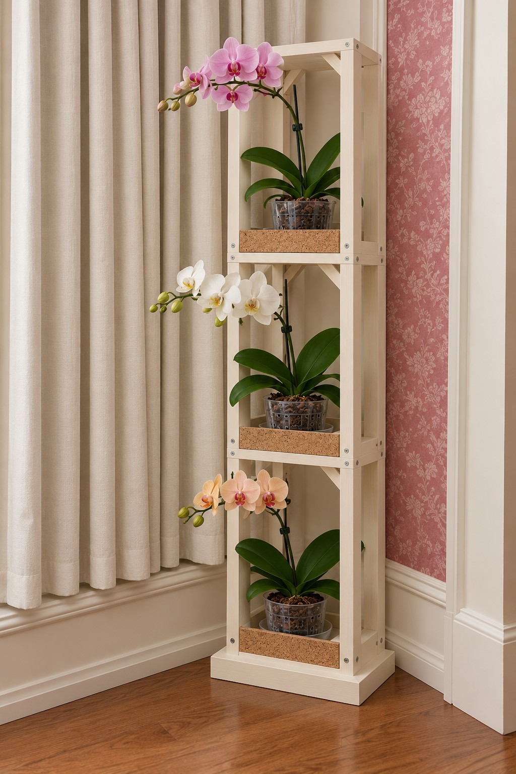 Cream three level shelving tower with cork front panels and pink white and peach orchids