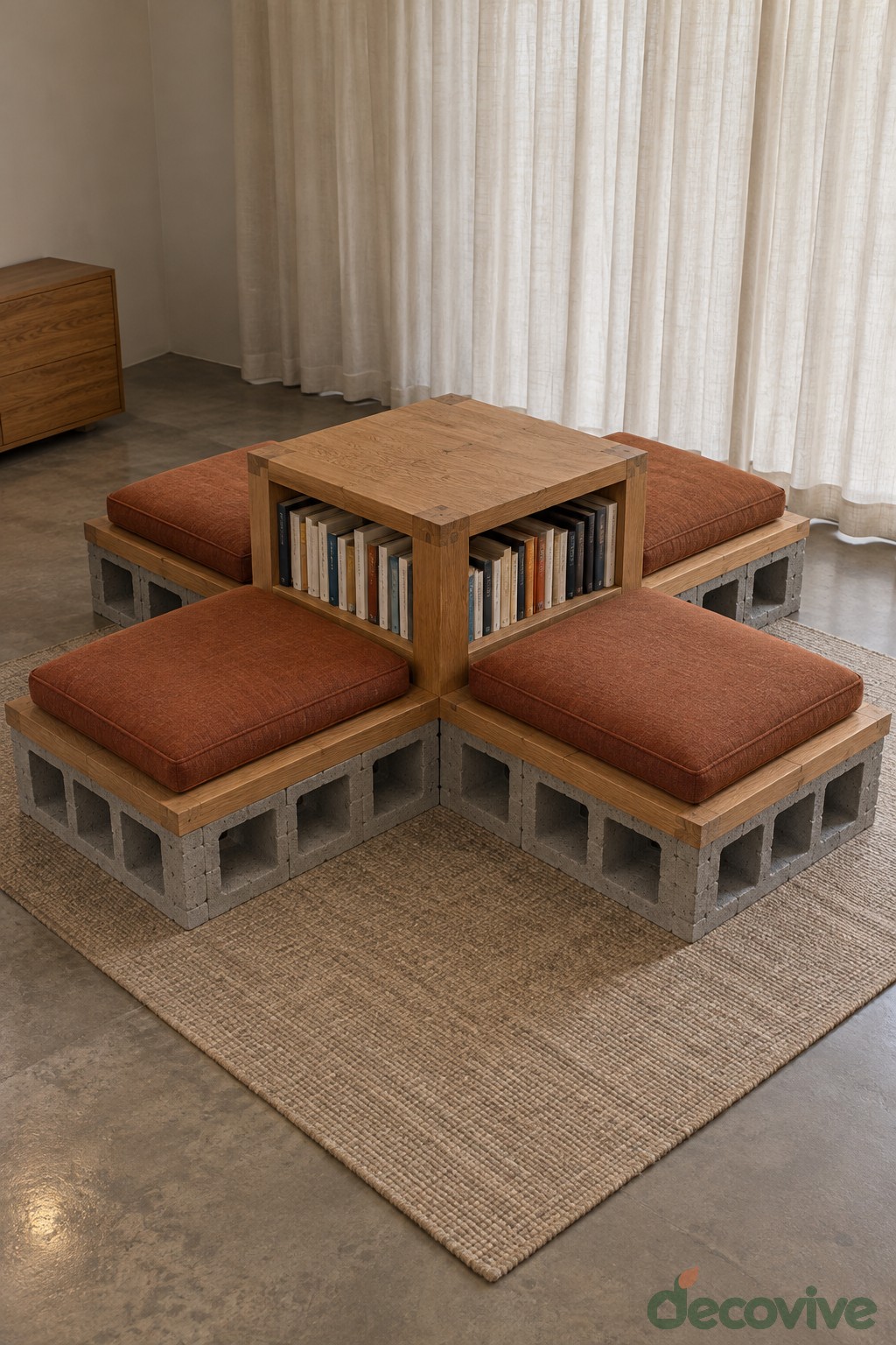 Square wooden book table surrounded by four brown cushioned block base seats