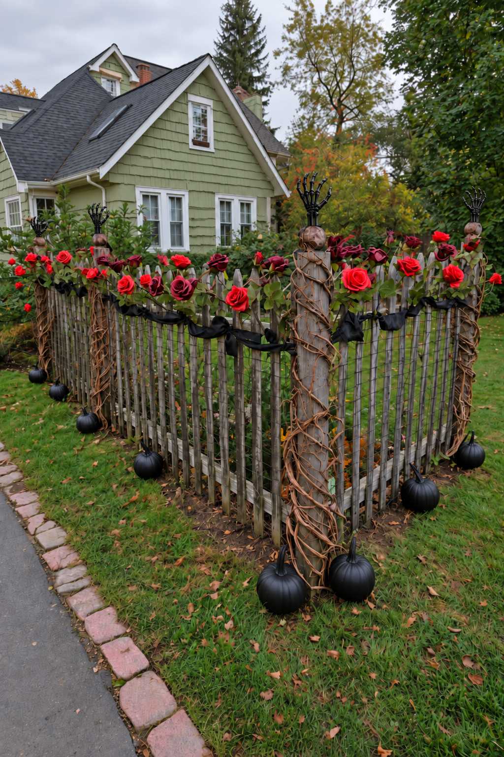 Fence corner with upright black skeletal hands, red rose garlands, dark fabric and black pumpkins