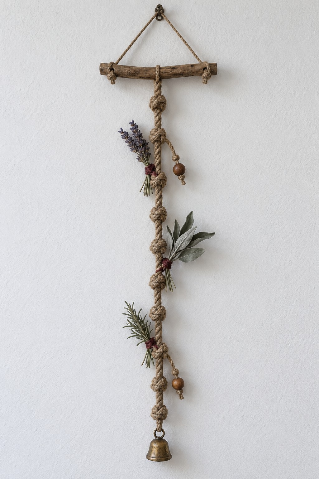Vertical knotted natural cord with small lavender and herb bundles, wooden beads and one brass bell beneath a twig hanger