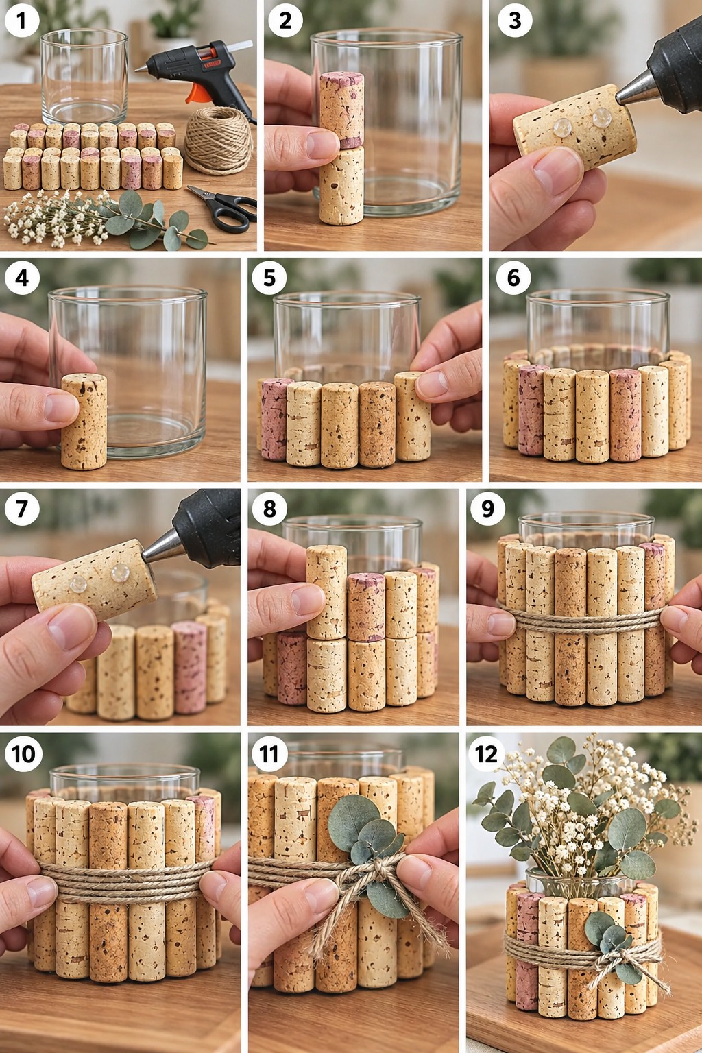 Making stages showing cork arrangement contact face gluing layered assembly and twine finishing