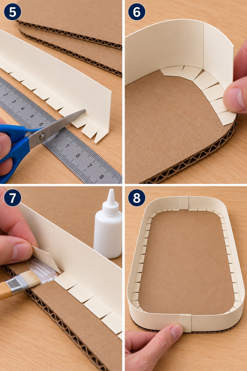 Close views of relief cuts in a cream cardboard flange, a curved corner fit, glue beneath the flange and the overlap joining two wall strips