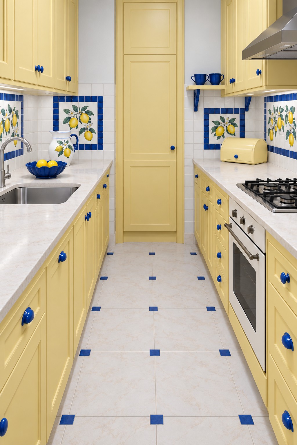 Yellow galley kitchen with cobalt blue knobs, framed lemon tile panels, and blue floor accents