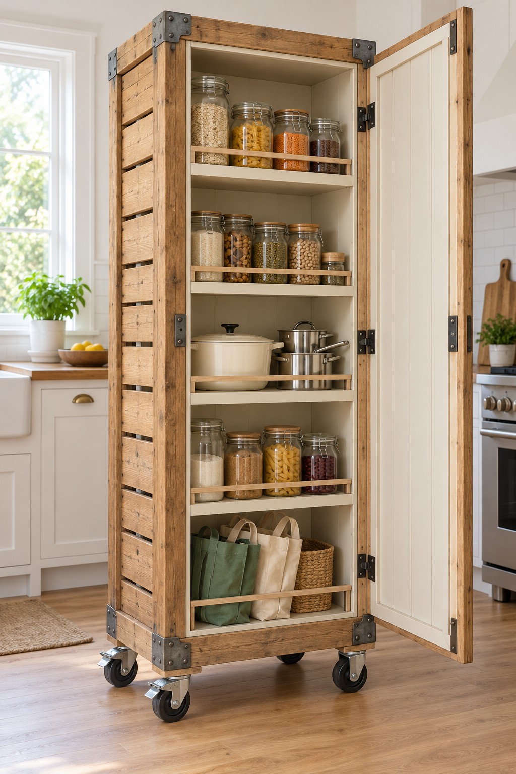 Tall wooden packing crate rebuilt as a pantry cabinet with shelves glass front door retaining rails and caster wheels holding sealed jars and linens